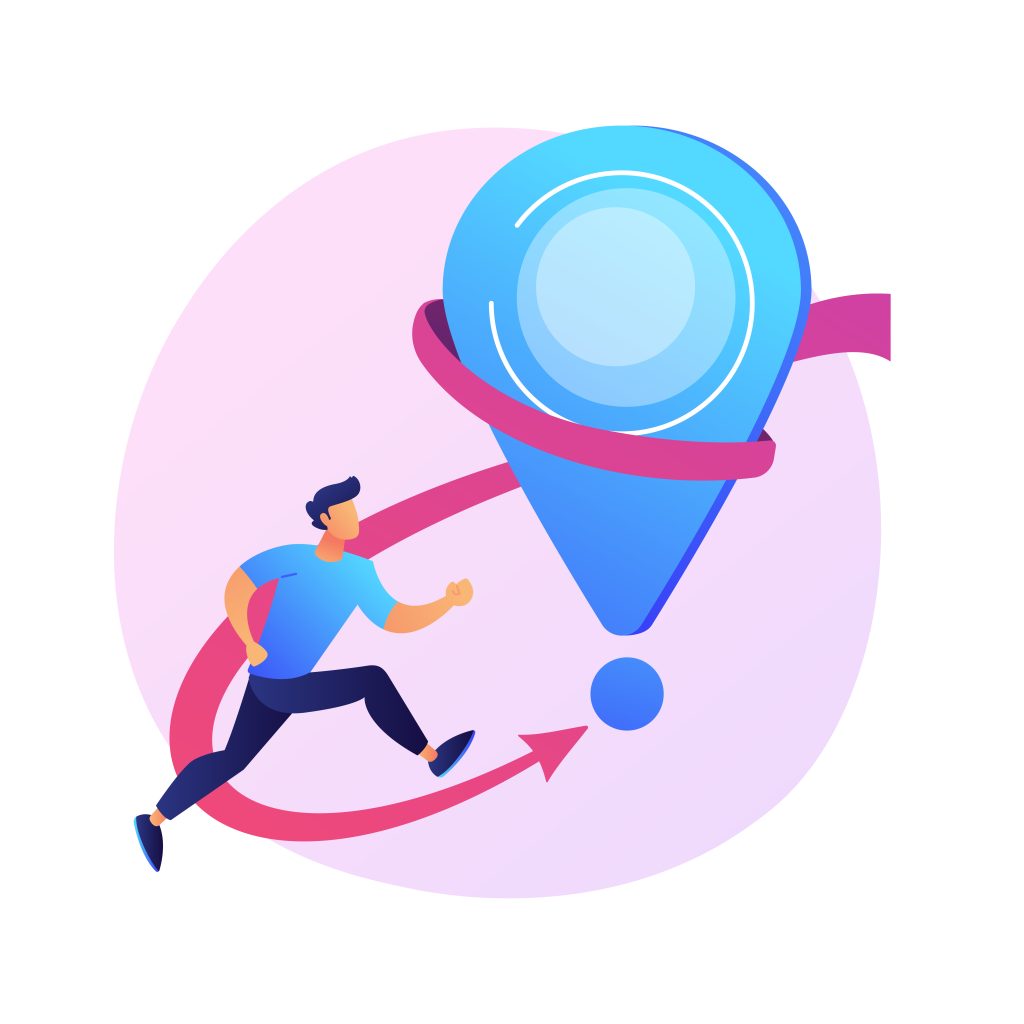 Illustration of a Muslim student running toward a large location pin, symbolizing online Quran learning with flexibility and global access.