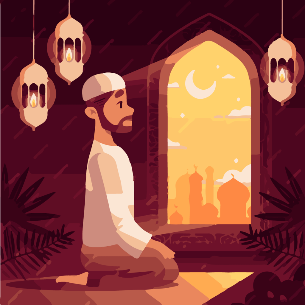 "A peaceful moment of reflection and learning in the Islamic faith, with an individual reading and contemplating in a serene environment."