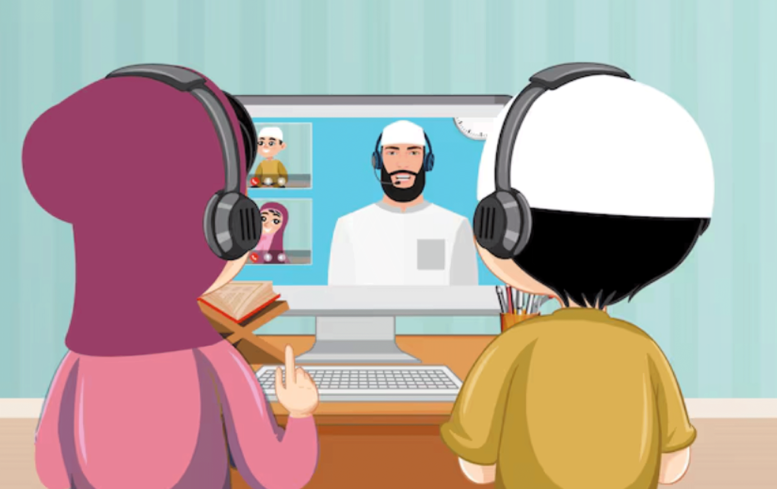 A young student learning the Qur’an online with an Al-Azhar teacher during a flexible class schedule