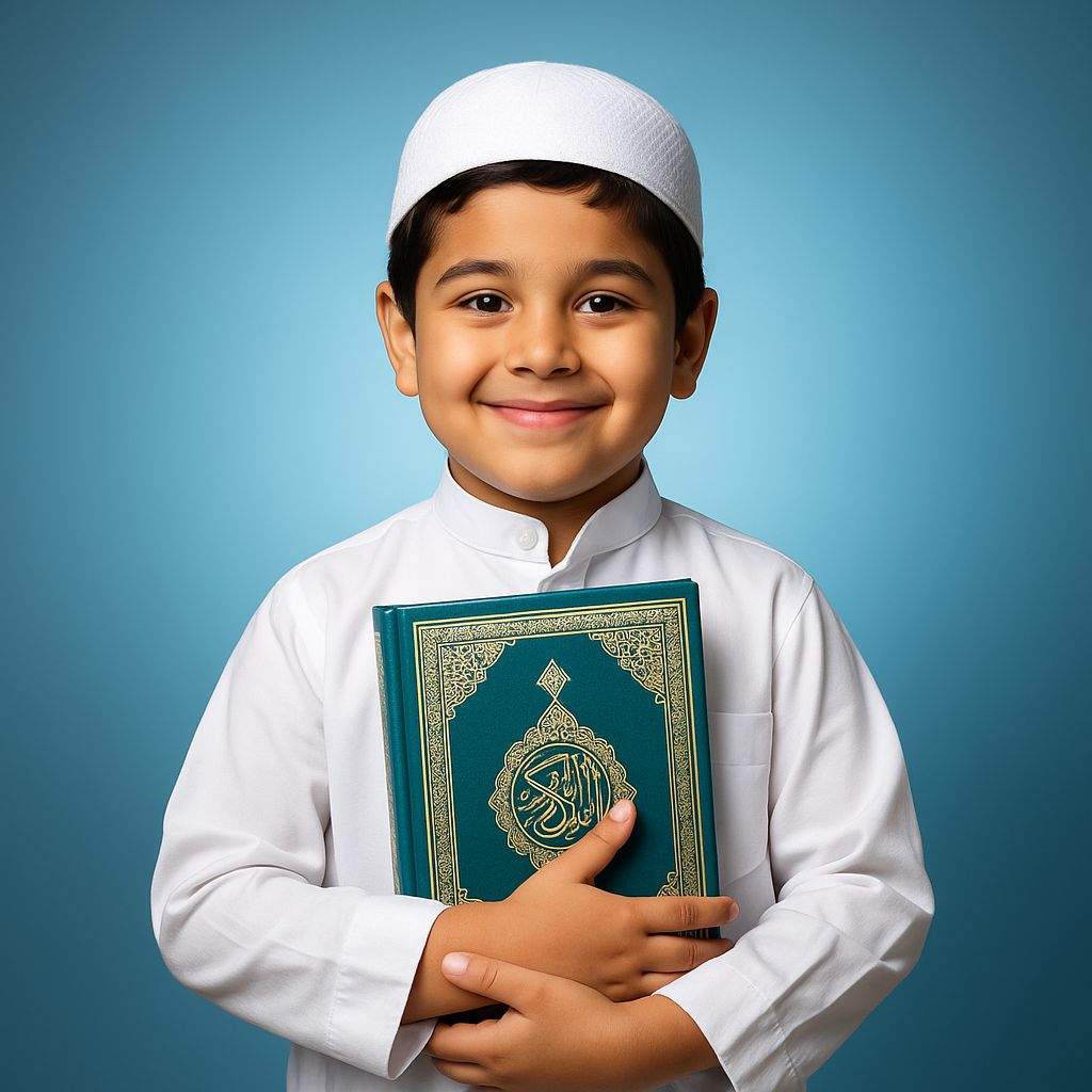 A young Muslim boy holding the Quran and smiling, symbolizing accurate Quran recitation and pronunciation learning.