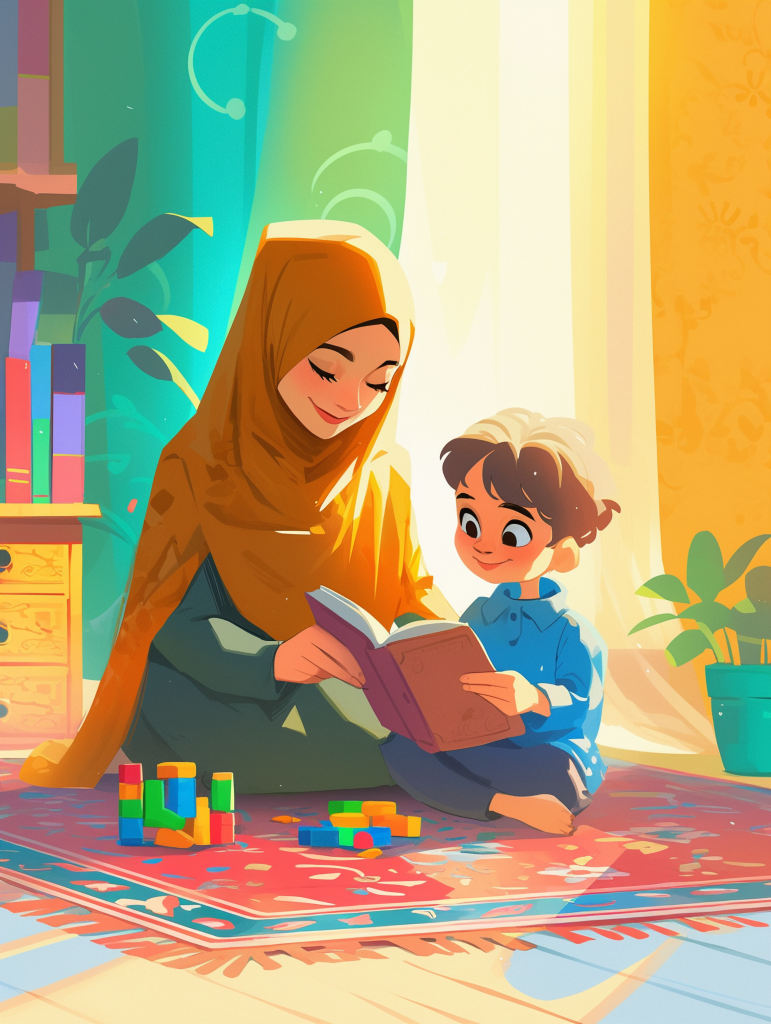 A Muslim mother teaching her child the Quran online, representing kids’ Quran classes at Quran Online Academy