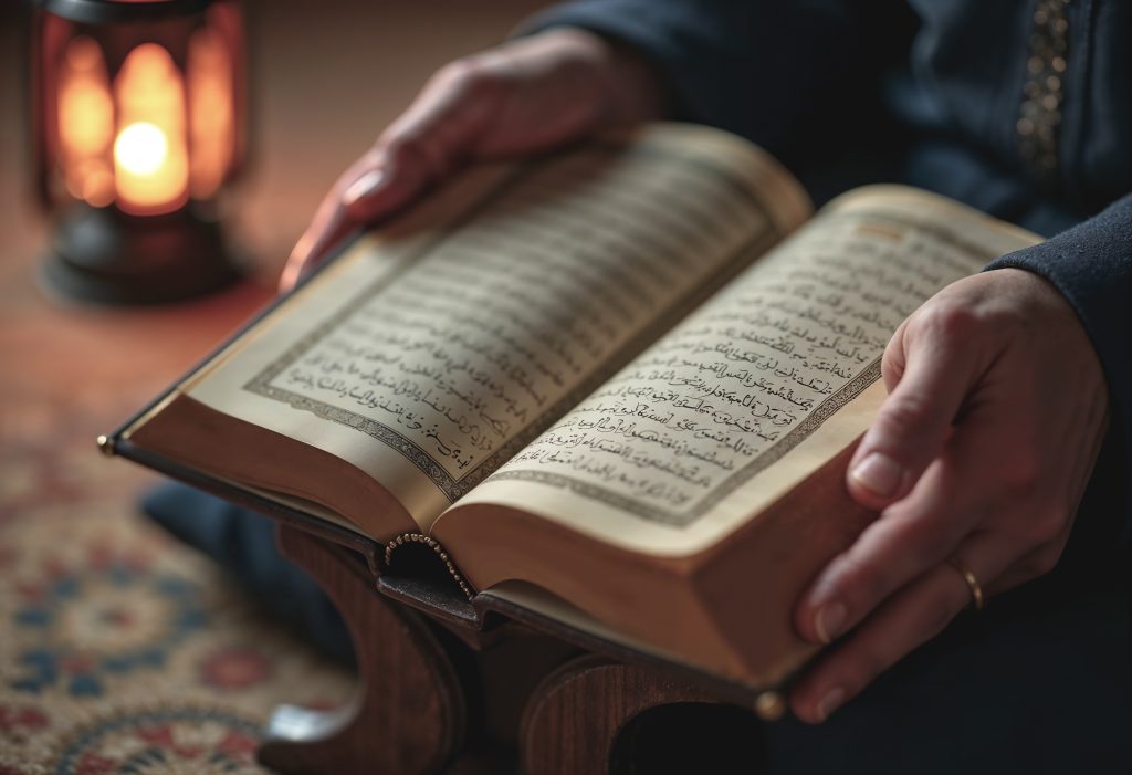 An open Holy Quran with prayer beads placed on a mat, ready for recitation and study.